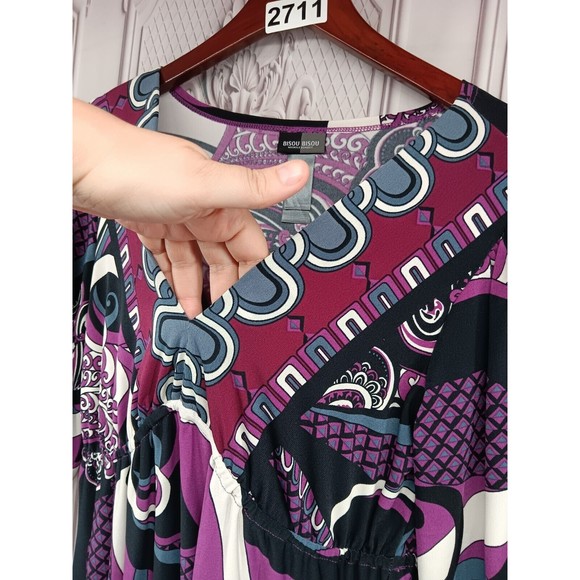 Bisou Bisou Dress Women's SZ 6 Stretch V-Neck High Waist Puff Sleeves Paisley EC - Picture 6 of 16